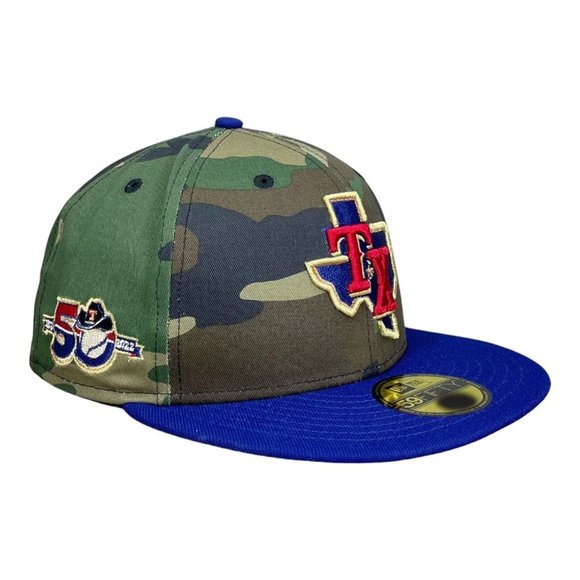 s-l1200.jpg New Era Texas Rangers Camo 50 Years Patch Woodland Metallic Collection Hat 7 1/8